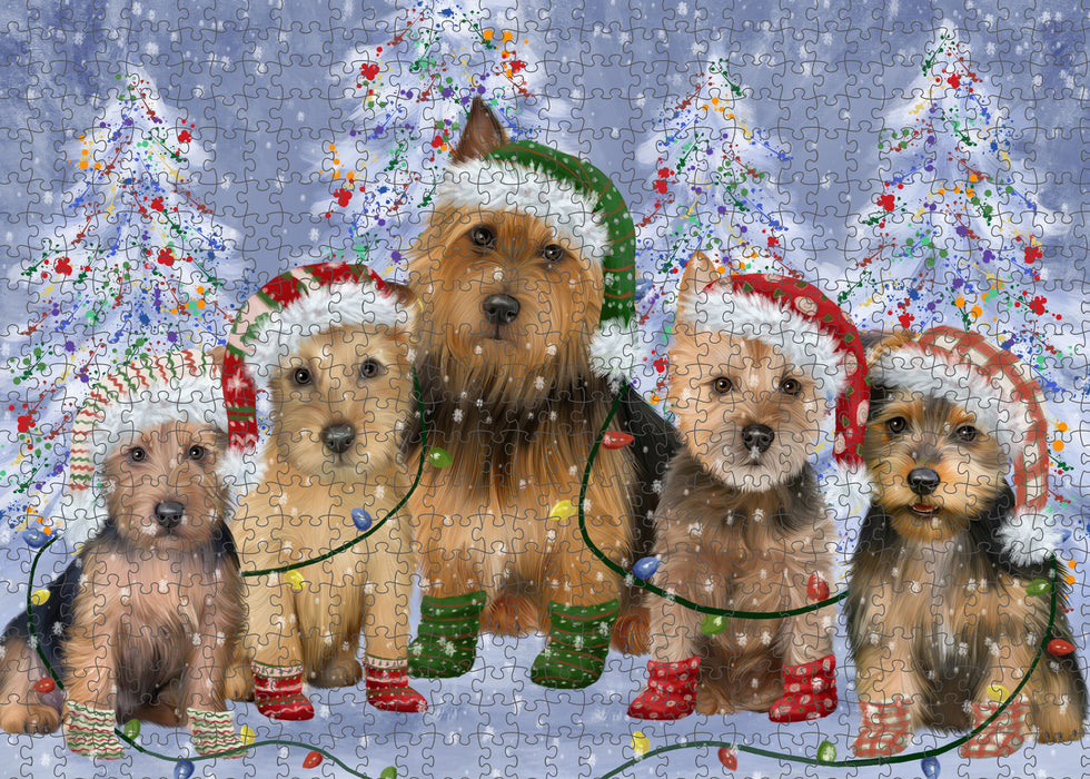 Christmas Lights and Australian Terrier Dogs Portrait Jigsaw Puzzle for Adults Animal Interlocking Puzzle Game Unique Gift for Dog Lover's with Metal Tin Box