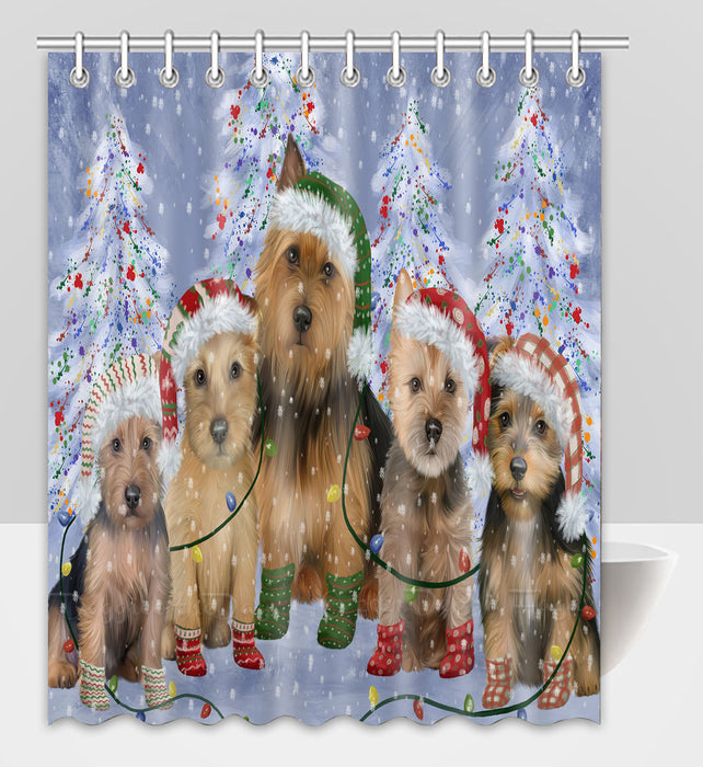 Christmas Lights and Australian Terrier Dogs Shower Curtain Pet Painting Bathtub Curtain Waterproof Polyester One-Side Printing Decor Bath Tub Curtain for Bathroom with Hooks