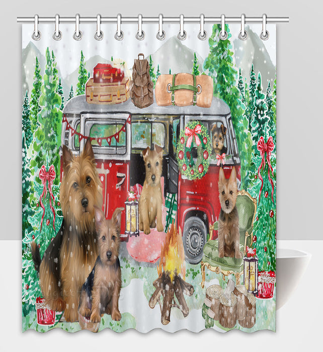 Christmas Time Camping with Australian Terrier Dogs Shower Curtain Pet Painting Bathtub Curtain Waterproof Polyester One-Side Printing Decor Bath Tub Curtain for Bathroom with Hooks