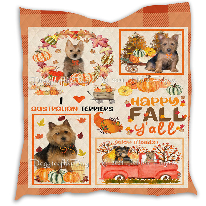 Happy Fall Y'all Pumpkin Australian Terrier Dogs Quilt Bed Coverlet Bedspread - Pets Comforter Unique One-side Animal Printing - Soft Lightweight Durable Washable Polyester Quilt