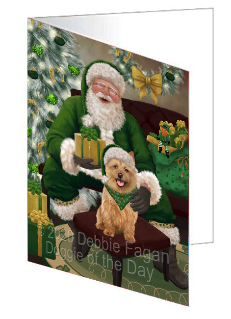 Christmas Irish Santa with Gift and Australian Terrier Dog Handmade Artwork Assorted Pets Greeting Cards and Note Cards with Envelopes for All Occasions and Holiday Seasons GCD75770