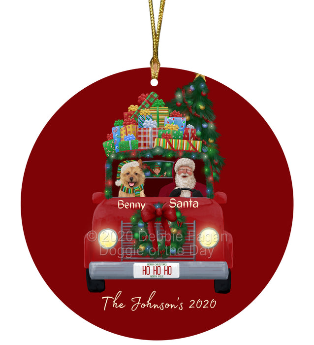 Personalized Christmas Honk Honk Red Truck Here Comes with Santa and Australian Terrier Dog Round Flat Ornament PRBPOR59050