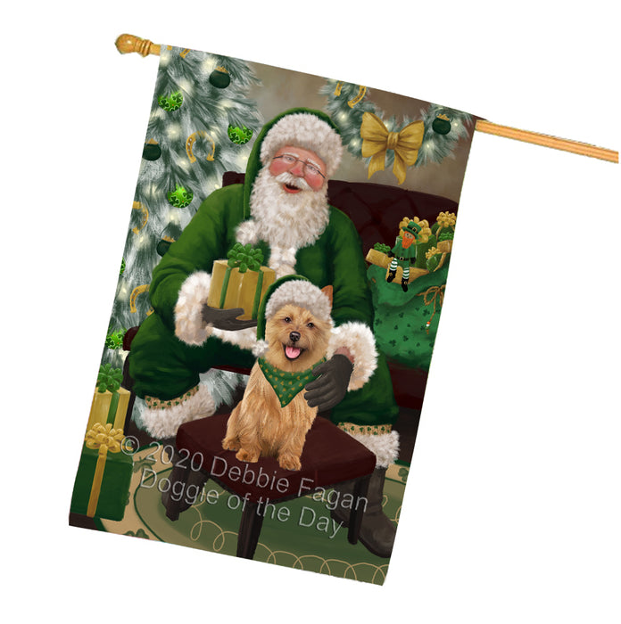Christmas Irish Santa with Gift and Australian Terrier Dog House Flag FLG66672