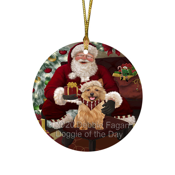 Santa's Christmas Surprise Australian Terrier Dog Round Flat Christmas Ornament RFPOR57998