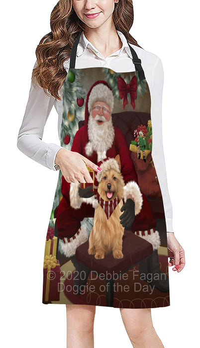 Santa's Christmas Surprise Australian Terrier Dog Apron - Adjustable Long Neck Bib for Adults - Waterproof Polyester Fabric With 2 Pockets - Chef Apron for Cooking, Dish Washing, Gardening, and Pet Grooming