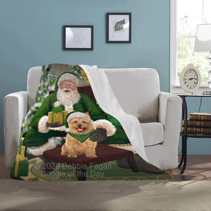 Christmas Irish Santa with Gift and Australian Terrier Dog Blanket BLNKT141208