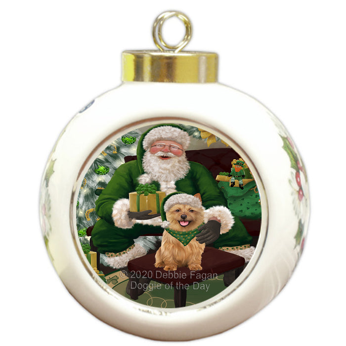 Christmas Irish Santa with Gift and Australian Terrier Dog Round Ball Christmas Ornament RBPOR57900