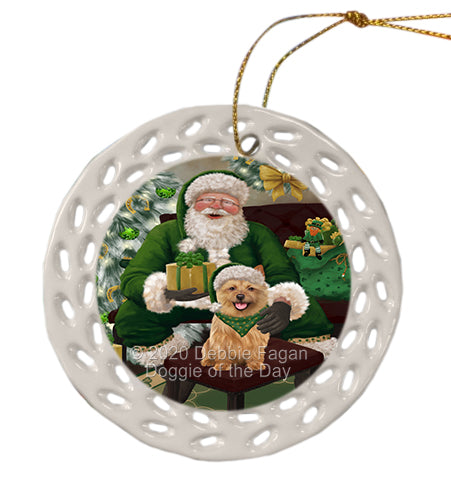 Christmas Irish Santa with Gift and Australian Terrier Dog Doily Ornament DPOR59462