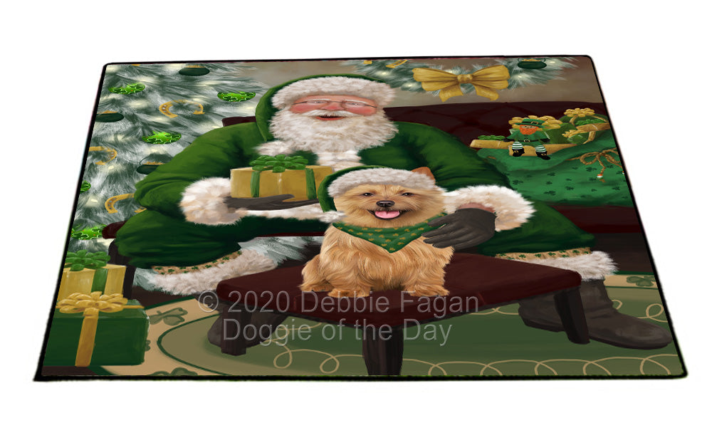 Christmas Irish Santa with Gift and Australian Terrier Dog Indoor/Outdoor Welcome Floormat - Premium Quality Washable Anti-Slip Doormat Rug FLMS57073