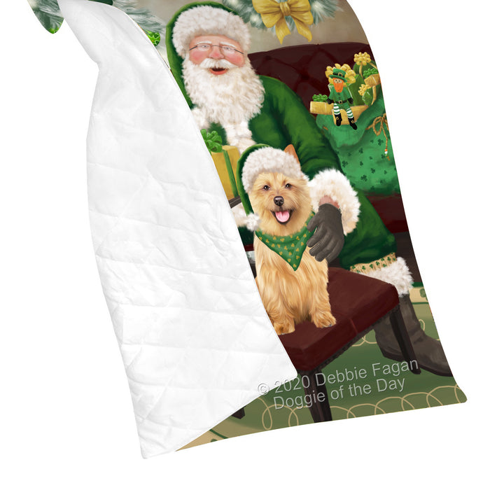 Christmas Irish Santa with Gift and Australian Terrier Dog Quilt Bed Coverlet Bedspread - Pets Comforter Unique One-side Animal Printing - Soft Lightweight Durable Washable Polyester Quilt