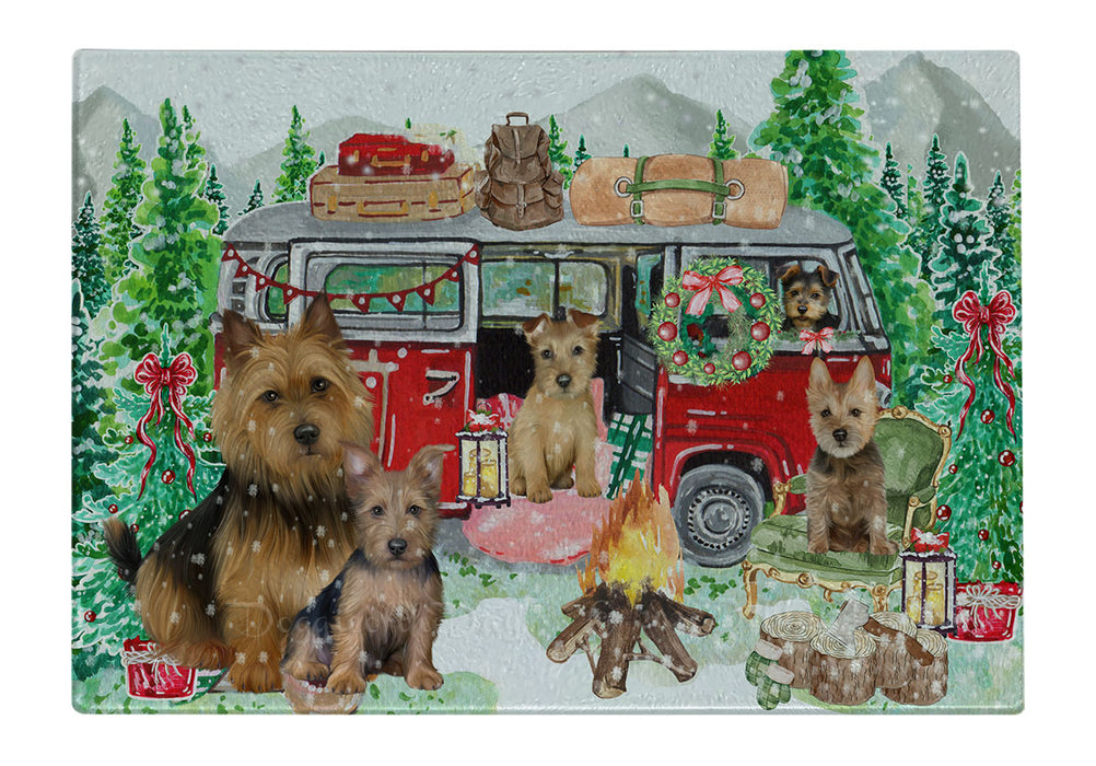 Christmas Time Camping with Australian Terrier Dogs Cutting Board - For Kitchen - Scratch & Stain Resistant - Designed To Stay In Place - Easy To Clean By Hand - Perfect for Chopping Meats, Vegetables