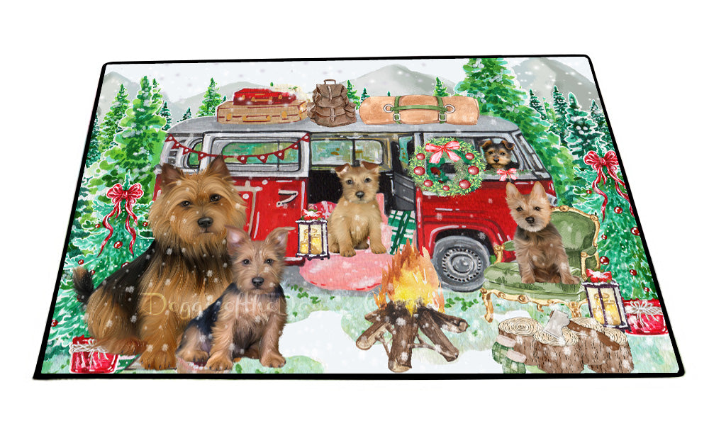 Christmas Time Camping with Australian Terrier Dogs Floor Mat- Anti-Slip Pet Door Mat Indoor Outdoor Front Rug Mats for Home Outside Entrance Pets Portrait Unique Rug Washable Premium Quality Mat