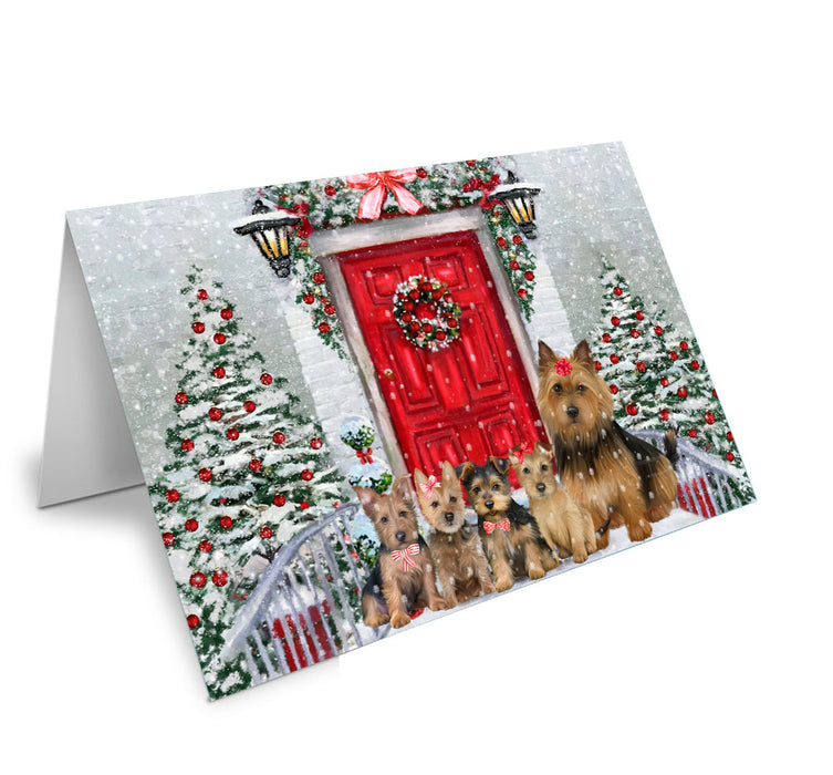 Christmas Holiday Welcome Australian Terrier Dog Handmade Artwork Assorted Pets Greeting Cards and Note Cards with Envelopes for All Occasions and Holiday Seasons