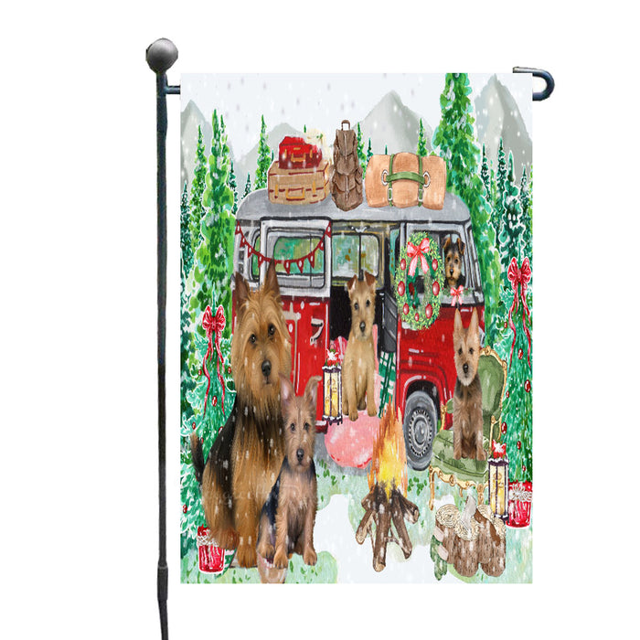 Christmas Time Camping with Australian Terrier Dogs Garden Flags- Outdoor Double Sided Garden Yard Porch Lawn Spring Decorative Vertical Home Flags 12 1/2"w x 18"h
