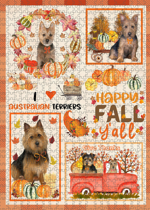 Happy Fall Y'all Pumpkin Australian Terrier Dogs Portrait Jigsaw Puzzle for Adults Animal Interlocking Puzzle Game Unique Gift for Dog Lover's with Metal Tin Box