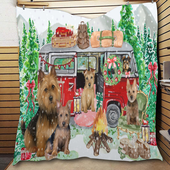 Christmas Time Camping with Australian Terrier Dogs  Quilt Bed Coverlet Bedspread - Pets Comforter Unique One-side Animal Printing - Soft Lightweight Durable Washable Polyester Quilt