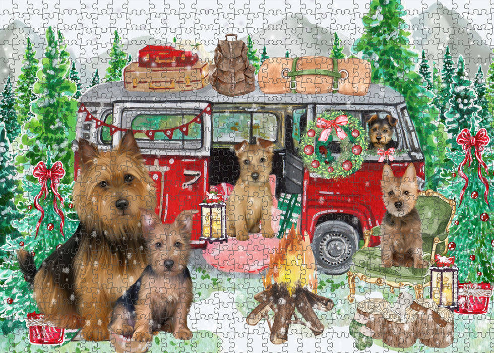 Christmas Time Camping with Australian Terrier Dogs Portrait Jigsaw Puzzle for Adults Animal Interlocking Puzzle Game Unique Gift for Dog Lover's with Metal Tin Box