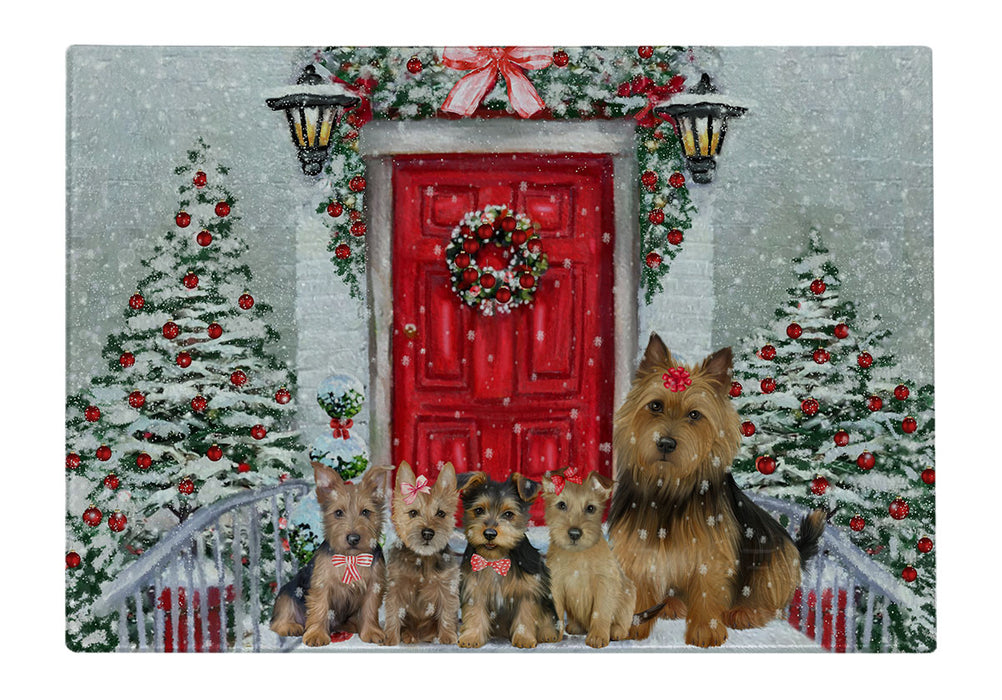 Christmas Holiday Welcome Australian Terrier Dogs Cutting Board - For Kitchen - Scratch & Stain Resistant - Designed To Stay In Place - Easy To Clean By Hand - Perfect for Chopping Meats, Vegetables