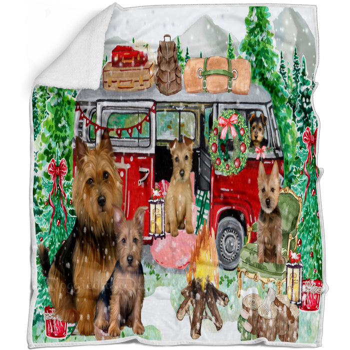 Christmas Time Camping with Australian Terrier Dogs Blanket - Lightweight Soft Cozy and Durable Bed Blanket - Animal Theme Fuzzy Blanket for Sofa Couch