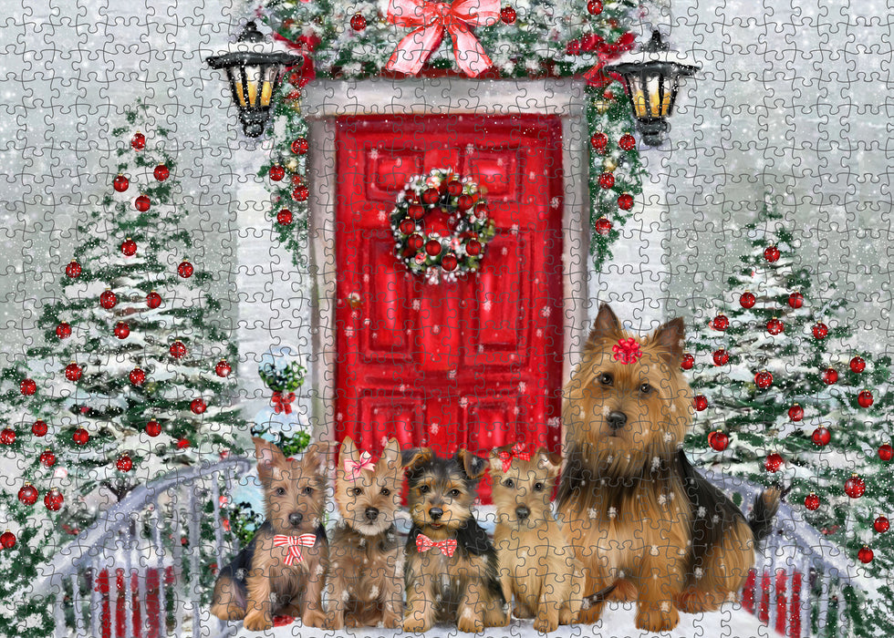 Christmas Holiday Welcome Australian Terrier Dogs Portrait Jigsaw Puzzle for Adults Animal Interlocking Puzzle Game Unique Gift for Dog Lover's with Metal Tin Box