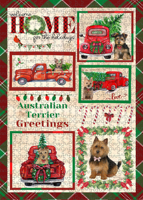Welcome Home for Christmas Holidays Australian Terrier Dogs Portrait Jigsaw Puzzle for Adults Animal Interlocking Puzzle Game Unique Gift for Dog Lover's with Metal Tin Box