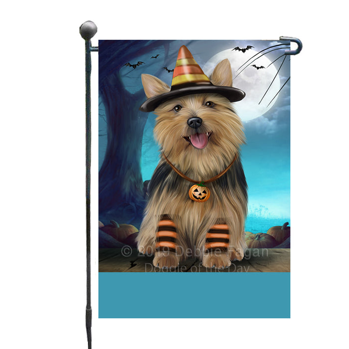 Personalized Happy Halloween Trick or Treat Australian Terrier Dog Candy Corn Custom Garden Flag GFLG64396