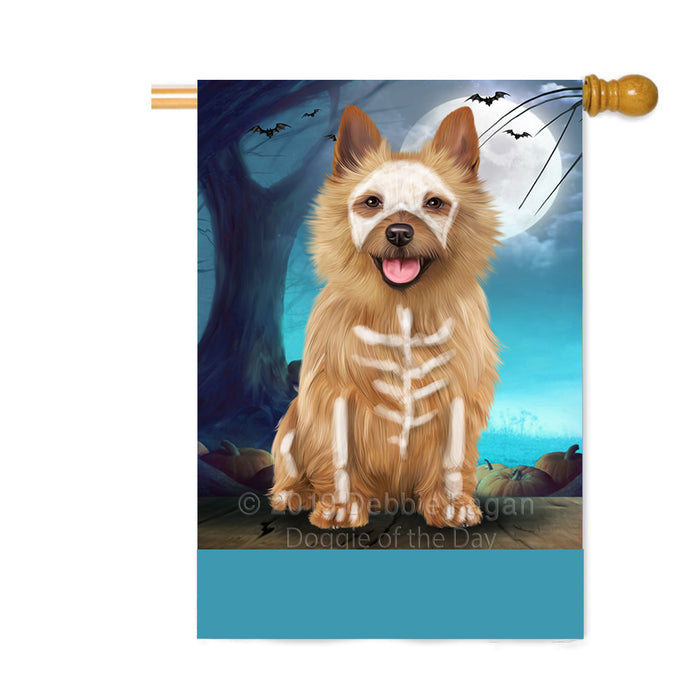 Personalized Happy Halloween Trick or Treat Australian Terrier Dog Skeleton Custom House Flag FLG64197