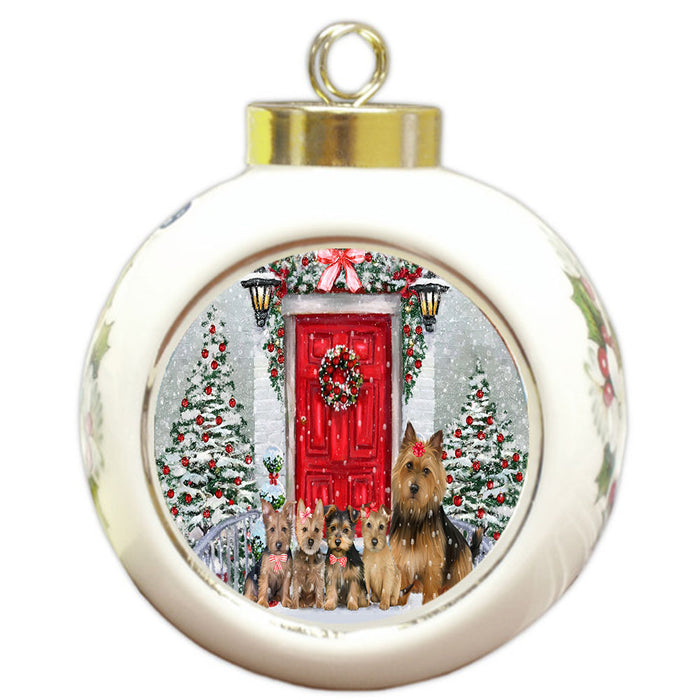Christmas Holiday Welcome Australian Terrier Dogs Round Ball Christmas Ornament Pet Decorative Hanging Ornaments for Christmas X-mas Tree Decorations - 3" Round Ceramic Ornament
