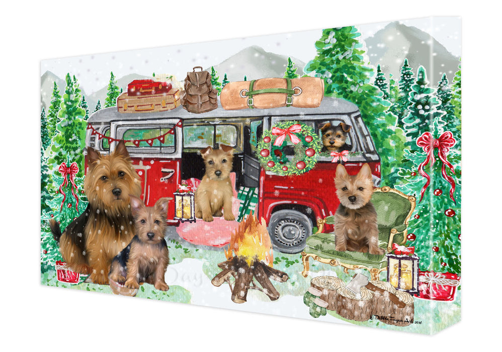 Christmas Time Camping with Australian Terrier Dogs Canvas Wall Art - Premium Quality Ready to Hang Room Decor Wall Art Canvas - Unique Animal Printed Digital Painting for Decoration