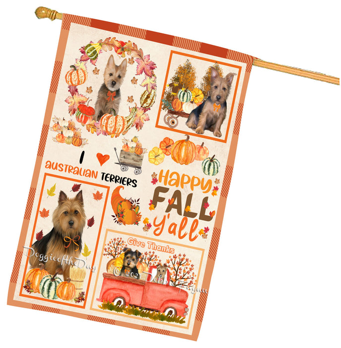 Happy Fall Y'all Pumpkin Australian Terrier Dogs House Flag Outdoor Decorative Double Sided Pet Portrait Weather Resistant Premium Quality Animal Printed Home Decorative Flags 100% Polyester