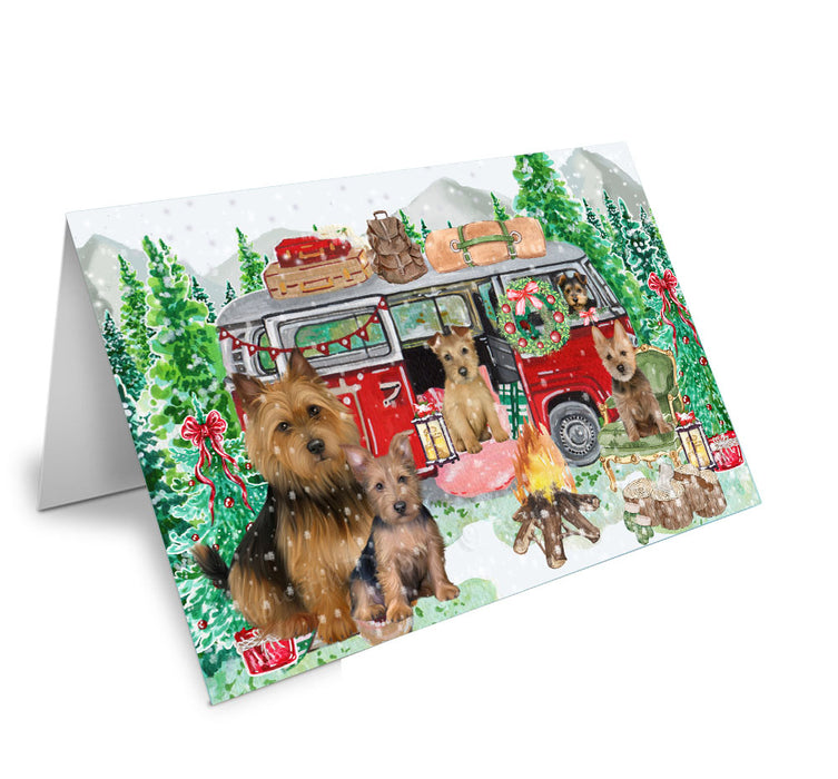 Christmas Time Camping with Australian Terrier Dogs Handmade Artwork Assorted Pets Greeting Cards and Note Cards with Envelopes for All Occasions and Holiday Seasons
