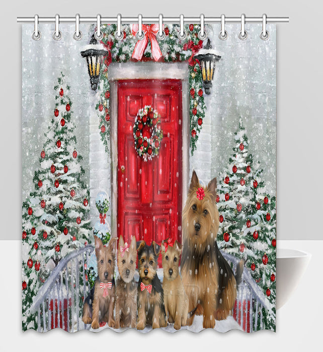 Christmas Holiday Welcome Australian Terrier Dogs Shower Curtain Pet Painting Bathtub Curtain Waterproof Polyester One-Side Printing Decor Bath Tub Curtain for Bathroom with Hooks