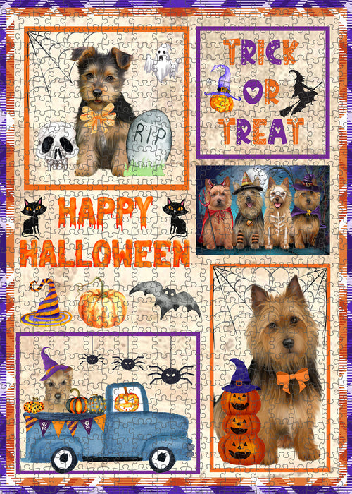 Happy Halloween Trick or Treat Australian Terrier Dogs Portrait Jigsaw Puzzle for Adults Animal Interlocking Puzzle Game Unique Gift for Dog Lover's with Metal Tin Box