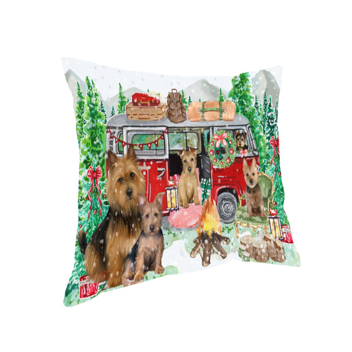 Christmas Time Camping with Australian Terrier Dogs Pillow with Top Quality High-Resolution Images - Ultra Soft Pet Pillows for Sleeping - Reversible & Comfort - Ideal Gift for Dog Lover - Cushion for Sofa Couch Bed - 100% Polyester