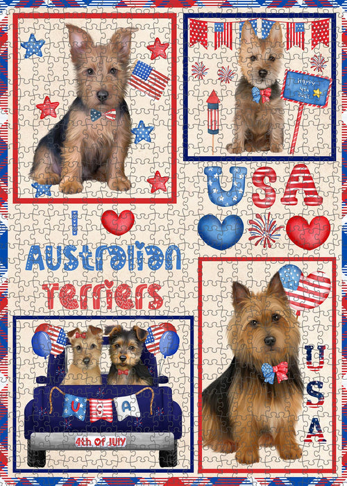 4th of July Independence Day I Love USA Australian Terrier Dogs Portrait Jigsaw Puzzle for Adults Animal Interlocking Puzzle Game Unique Gift for Dog Lover's with Metal Tin Box