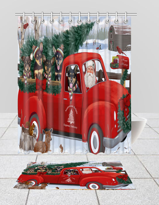 Christmas Santa Express Delivery Red Truck Australian Kelpies Dogs Bath Mat and Shower Curtain Combo