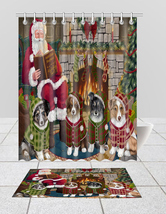 Christmas Cozy Holiday Fire Tails Australian Shepherd Dogs Bath Mat and Shower Curtain Combo