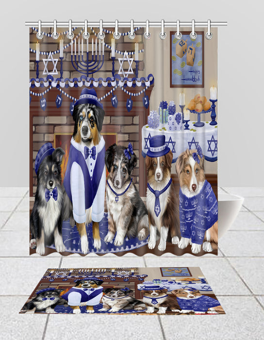 Happy Hanukkah Family Australian Shepherd Dogs Bath Mat and Shower Curtain Combo