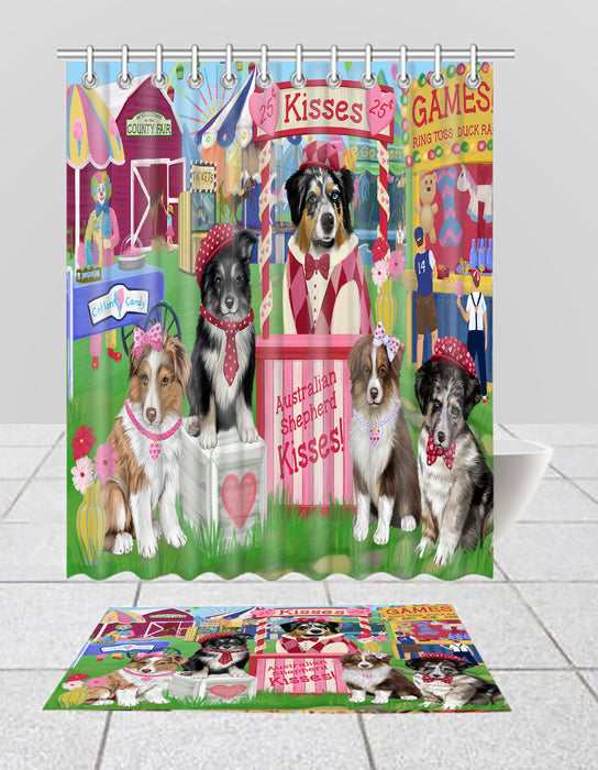 Carnival Kissing Booth Australian Shepherd Dogs  Bath Mat and Shower Curtain Combo