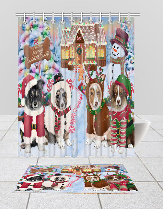 Holiday Gingerbread Cookie Australian Shepherd Dogs  Bath Mat and Shower Curtain Combo