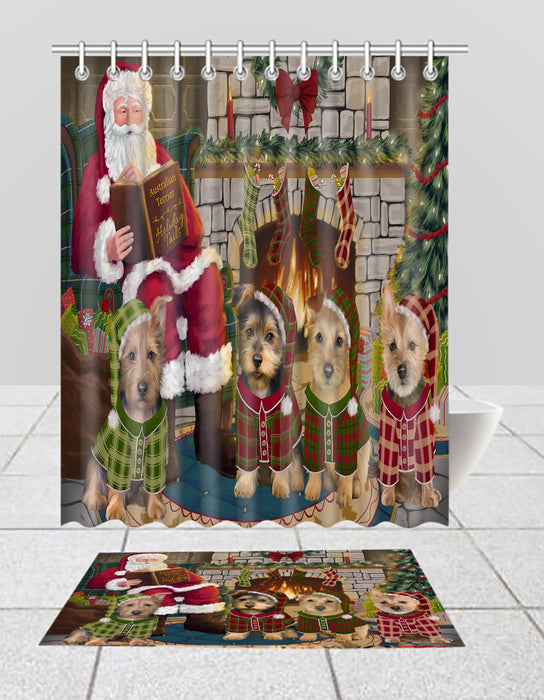 Christmas Cozy Holiday Fire Tails Australian Terrier Dogs Bath Mat and Shower Curtain Combo