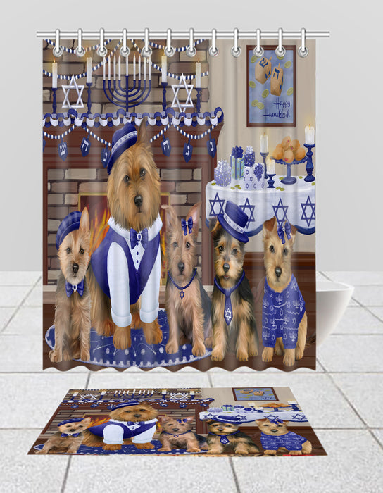 Happy Hanukkah Family Australian Terrier Dogs Bath Mat and Shower Curtain Combo