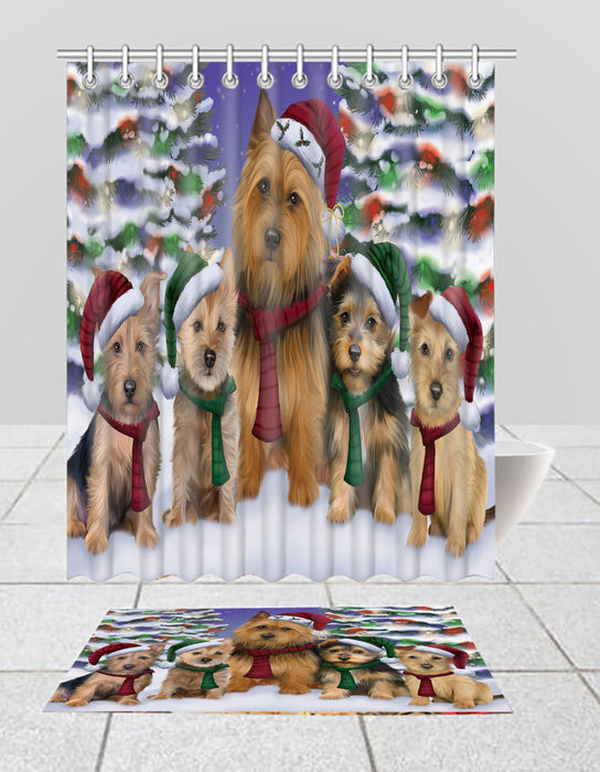 Australian Terrier Dogs Christmas Family Portrait in Holiday Scenic Background  Bath Mat and Shower Curtain Combo