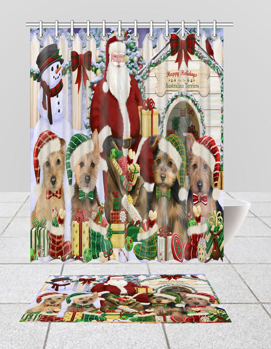 Happy Holidays Christmas Australian Terrier Dogs House Gathering Bath Mat and Shower Curtain Combo