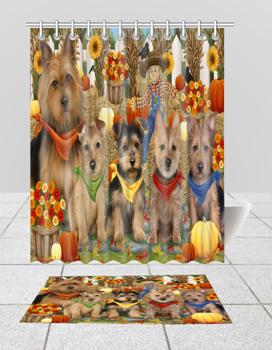 Fall Festive Harvest Time Gathering Australian Terrier Dogs Bath Mat and Shower Curtain Combo
