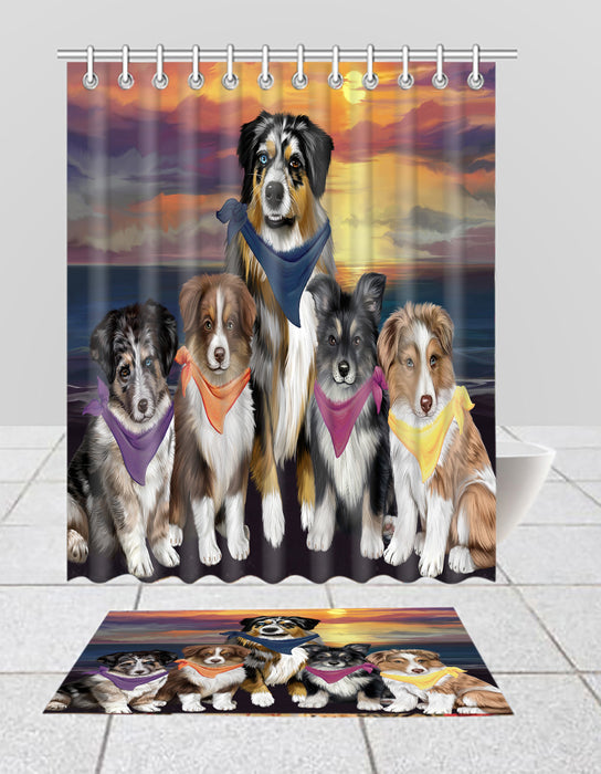 Family Sunset Portrait Australian Shepherd Dogs Bath Mat and Shower Curtain Combo