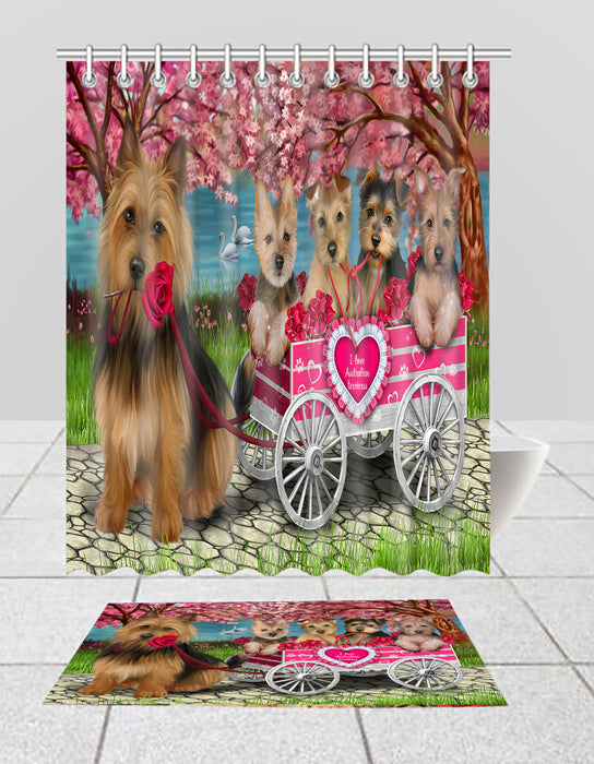 I Love Australian Terrier Dogs in a Cart Bath Mat and Shower Curtain Combo