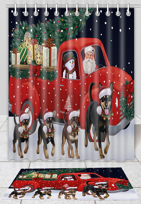 Christmas Express Delivery Red Truck Running Australian Kelpies Dogs Bath Mat and Shower Curtain Combo