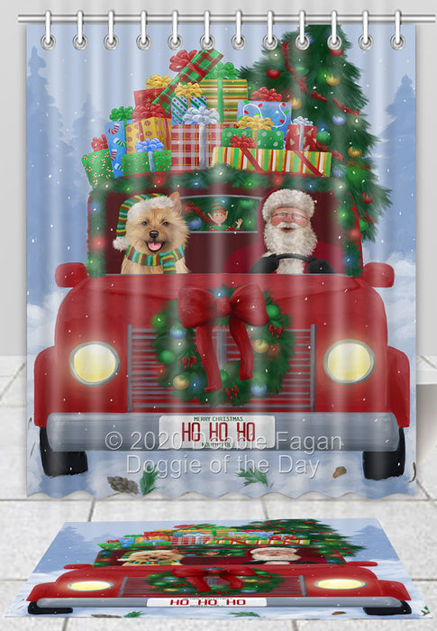 Christmas Honk Honk Red Truck Here Comes with Santa and Australian Terrier Dog Bath Mat and Shower Curtain Combo