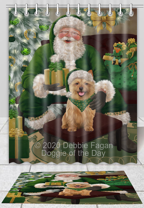 Christmas Irish Santa with Gift Australian Terrier Dog Bath Mat and Shower Curtain Combo